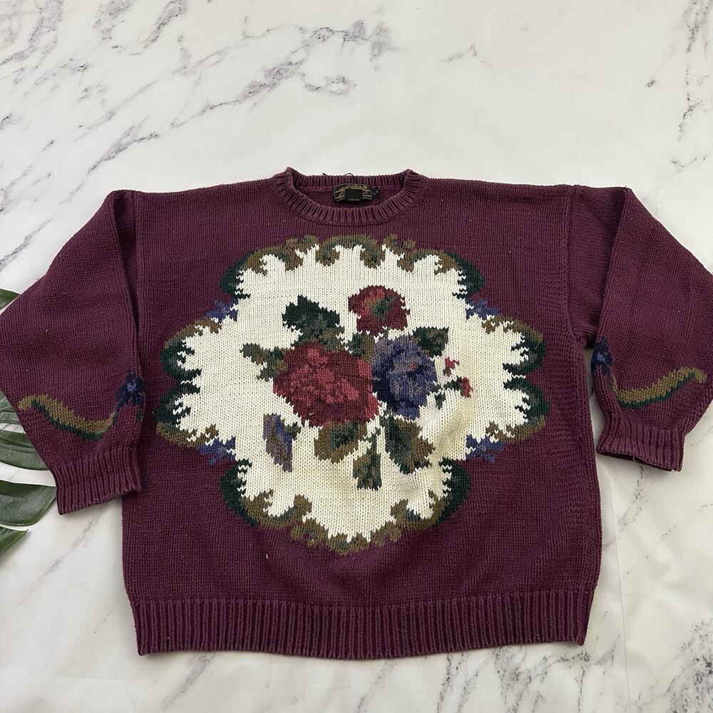 Eddie Bauer Womens Vintage 90s Chunky Sweater Size L Cream Purple Floral Cotton